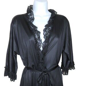 Vintage 60s Full Length Sweeping Nylon Dressing Gown Robe S Lace Pocket Belted